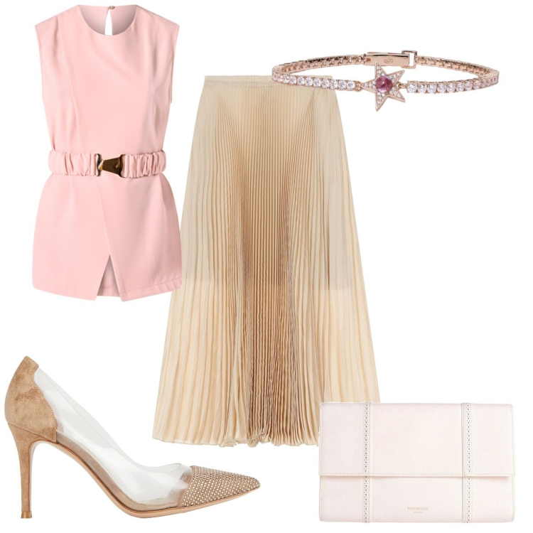 Outfit donna - Gonne a trapezio e bluse leggere: glamou. Stile Glamour per Cerimonia. Abbinamento con décolleté, borse a mano, gonne lunghe, braccialetti, bluse.