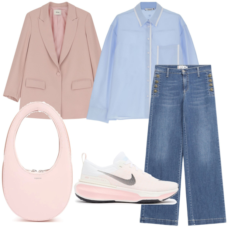 Outfit donna - Ufficio bicolore. Stile Urban per Ufficio. Abbinamento con jeans a zampa, camicie, blazer, sneakers, borse a mano.