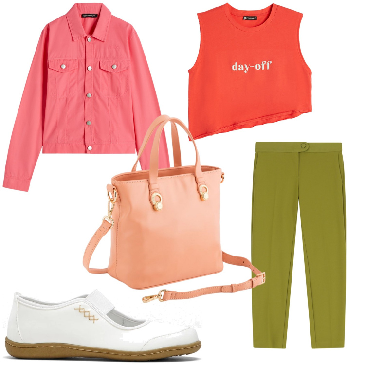 Outfit donna - Un rinfrescante sorbetto. Stile Trendy per Tutti i giorni. Abbinamento con ballerine, pantaloni, blazer, t-shirt, borse a mano.