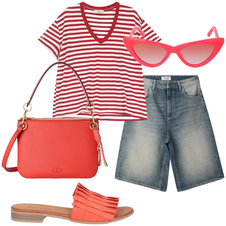 Outfit donna - Vacanza al caldo. Stile Casual chic per Mare. Abbinamento con sandali in pelle, bermuda, t-shirt, occhiali da sole, borse a tracolla.