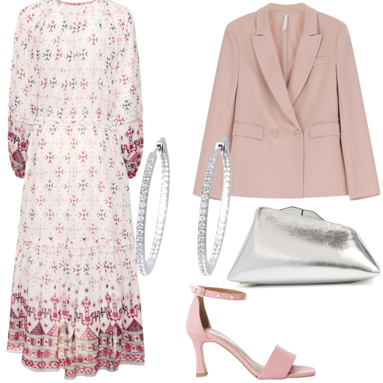 Outfit donna - Abito folk ma portato bon ton. Stile Glamour per Cerimonia. Abbinamento con orecchini, blazer, sandali col tacco, pochette, vestiti midi/longuette.