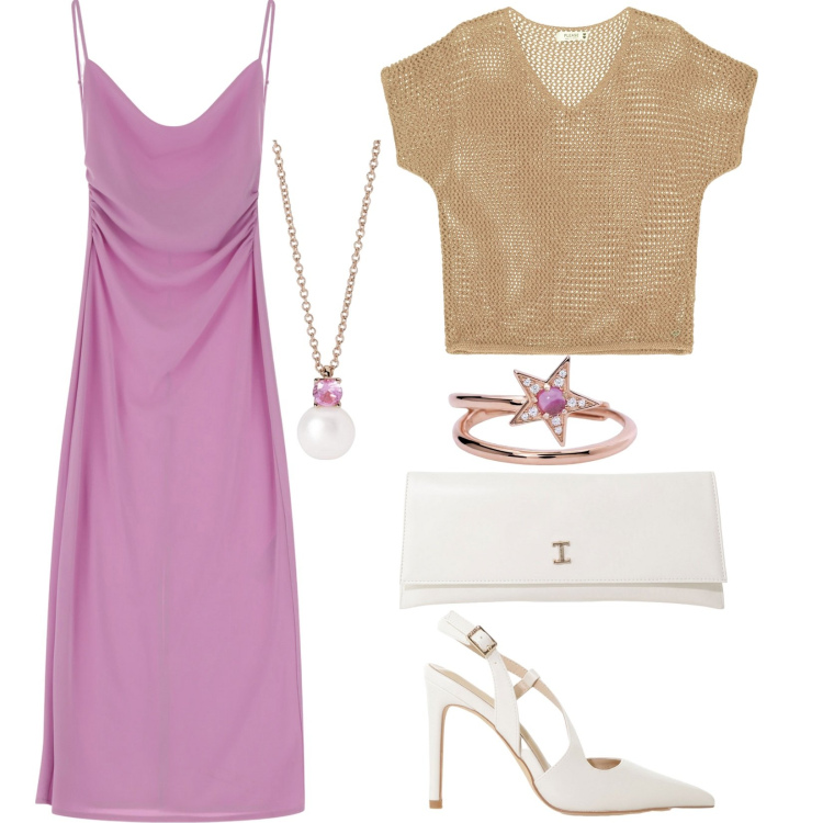 Outfit donna - Glicine. Stile Chic per Serata fuori. Abbinamento con collane, anelli, maglieria, vestiti, décolleté, pochette.