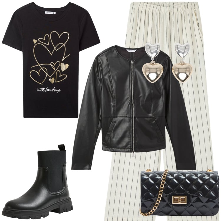 Outfit donna - In centro x vetrine anche con la pioggia. Stile Urban per Tutti i giorni. Abbinamento con pantaloni, orecchini, t-shirt, blazer, borse a tracolla, stivaletti chelsea.