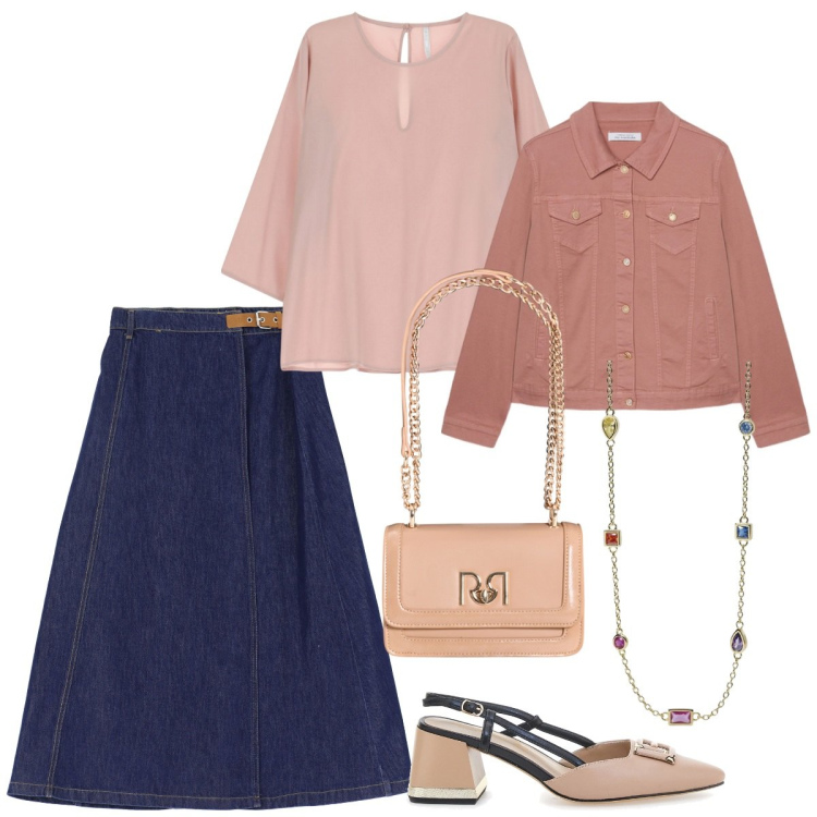 Outfit donna - Gonna a trapezio e blusa leggera. Stile Casual chic per Ufficio. Abbinamento con collane, borse a tracolla, gonne lunghe, bluse, blazer, décolleté.