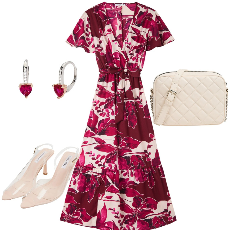 Outfit donna - Leggerezza di fine primavera. Stile Glamour per Tutti i giorni. Abbinamento con sandali col tacco, vestiti lunghi, borse a tracolla, orecchini.