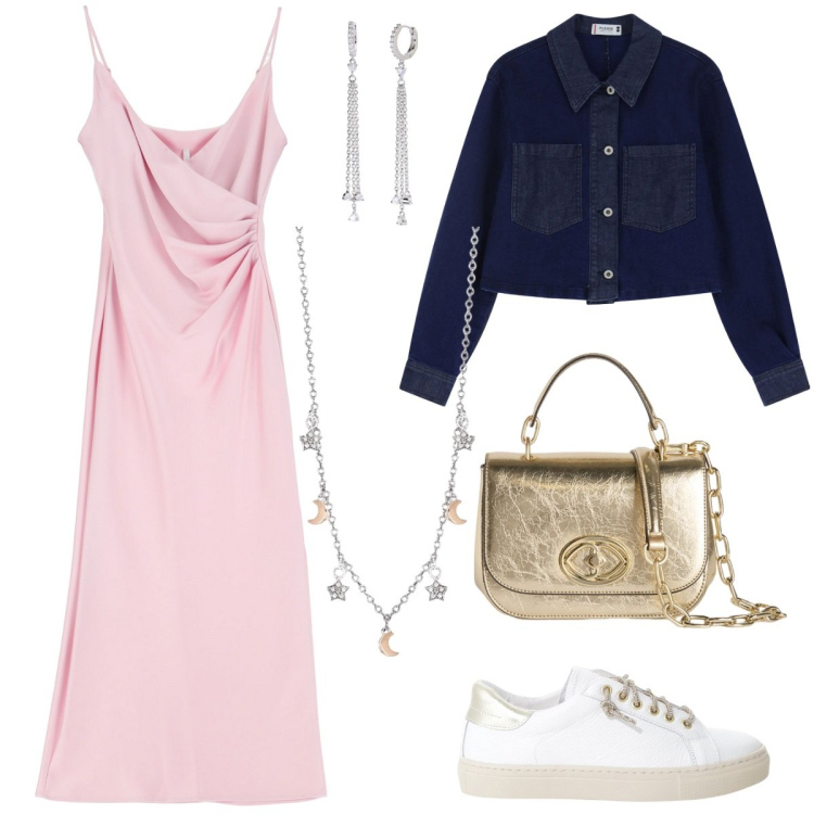 Outfit donna - Le sneakers di tendenza. Stile Romantica per Serata fuori. Abbinamento con collane, orecchini, blazer, vestiti midi/longuette, sneakers, borse a tracolla.