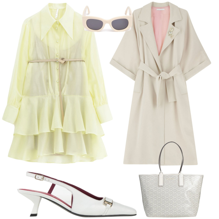 Outfit donna - Appuntamento al caffè. Stile Glamour per Tutti i giorni. Abbinamento con borse a mano, décolleté, vestiti corti, trench, occhiali da sole.
