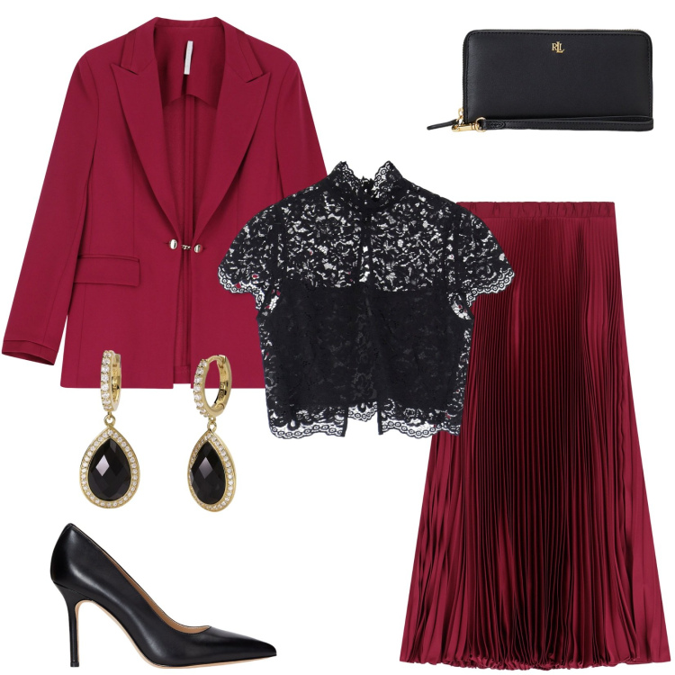 Outfit donna - Stasera Teatro. Stile Chic per Ufficio. Abbinamento con orecchini, gonne lunghe, blazer, top, pochette, décolleté.