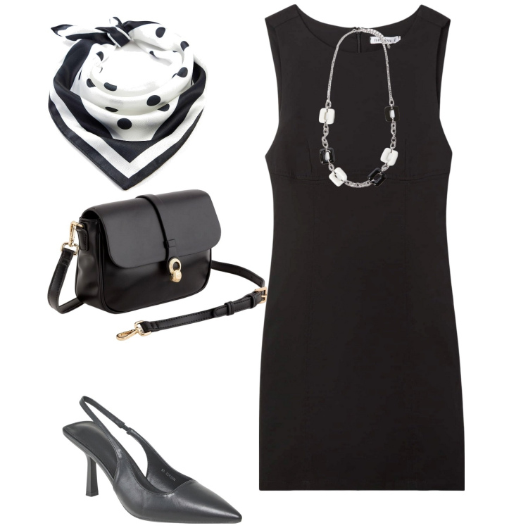 Outfit donna - Il tubino nero. Stile Chic per Tutti i giorni. Abbinamento con foulard, vestiti a tubino, décolleté, collane, borse a tracolla.