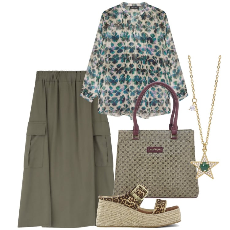 Outfit donna - Gonna a trapezio e blusa leggera. Stile Casual chic per Tutti i giorni. Abbinamento con collane, gonne lunghe, bluse, zeppe, borse a spalla.