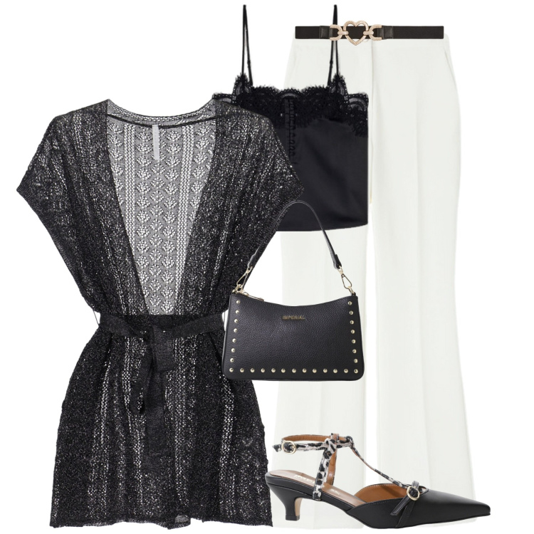 Outfit donna - City. Stile Urban per Tutti i giorni. Abbinamento con cinture, cappotti, décolleté, borse a spalla, pantaloni a palazzo, top.
