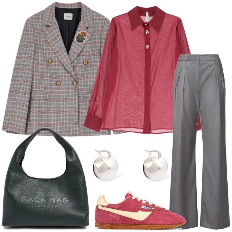 Outfit donna - Total look #2110048. Stile Sporty chic per Ufficio. Abbinamento con camicie, blazer, orecchini, pantaloni, shopping bag, sneakers.