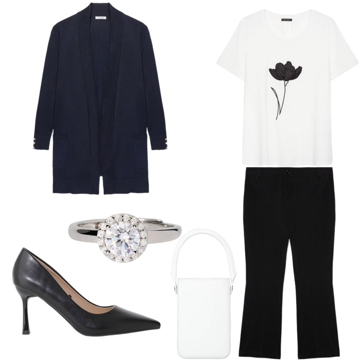 Outfit donna - Essenzialmente elegante. Stile Bon Ton per Cerimonia. Abbinamento con borse a mano, anelli, décolleté, cardigans, pantaloni, t-shirt.
