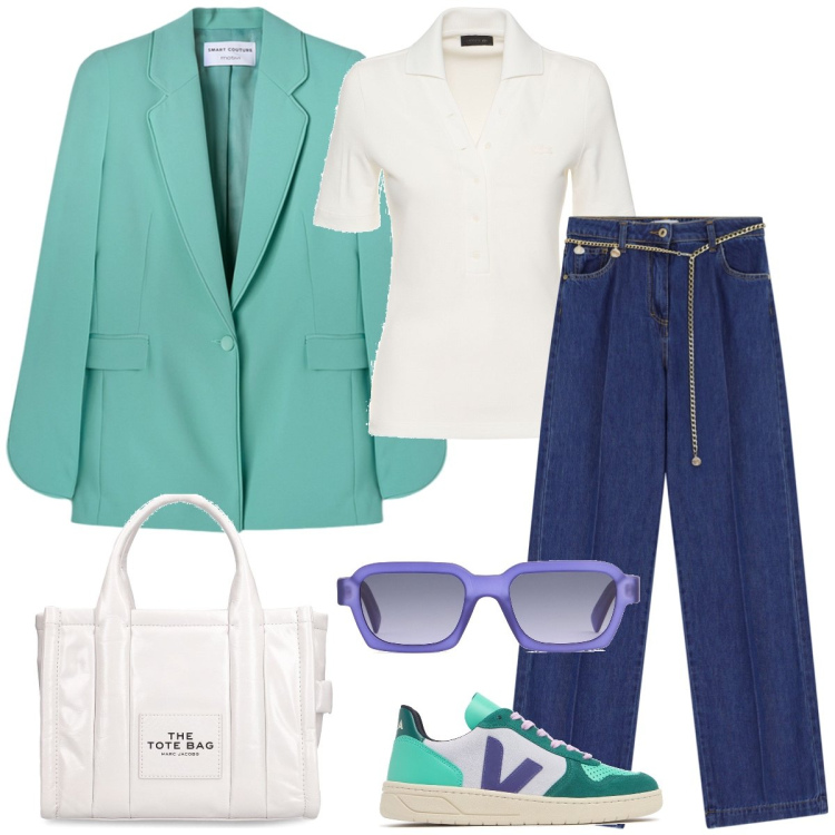 Outfit donna - Total look #2110058. Stile Sporty chic per Scuola/Università. Abbinamento con jeans, shopping bag, occhiali da sole, sneakers, polo, blazer.