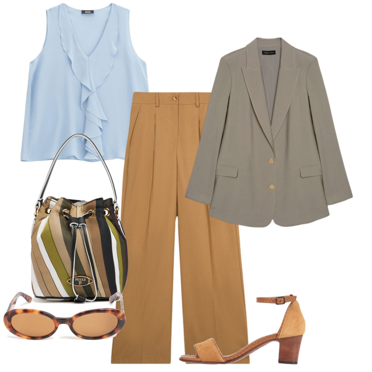 Outfit donna - Rouches e pinces. Stile Bon Ton per Ufficio. Abbinamento con sandali in pelle, top, blazer, pantaloni a palazzo, occhiali da sole, borse a mano.