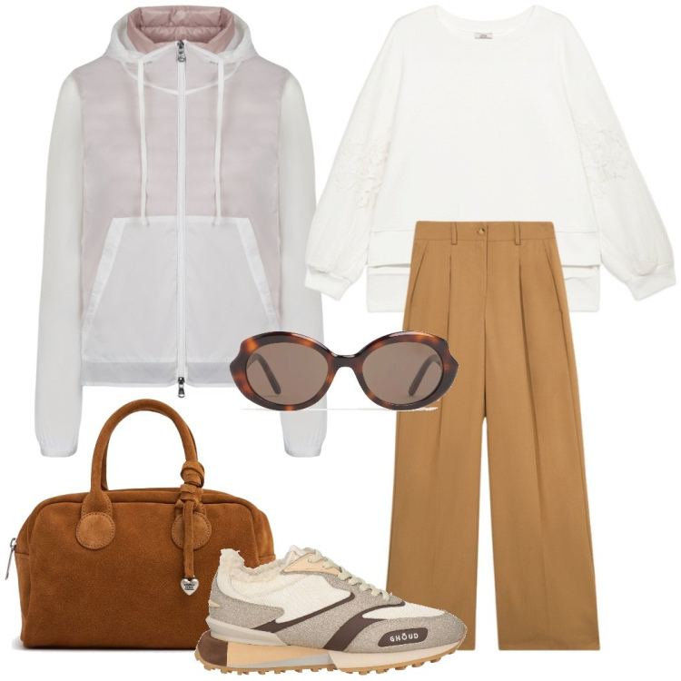 Outfit donna - Mix soft sportivo ed elegante. Stile Casual chic per Tutti i giorni. Abbinamento con sneakers, blazer, borse a mano, pantaloni a palazzo, felpe, occhiali da sole.