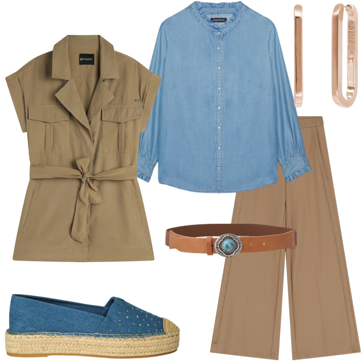 Outfit donna - Accessori statement. Stile Casual chic per Tutti i giorni. Abbinamento con espadrillas, orecchini, pantaloni a palazzo, trench, cinture, camicie.