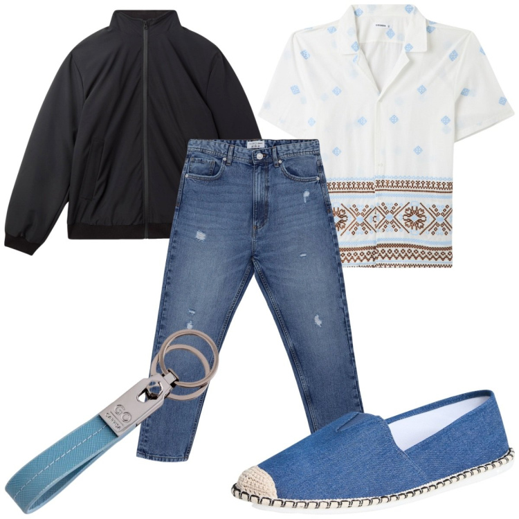 Outfit uomo - Stampe geometriche sulla camicia. Stile Trendy per Tutti i giorni. Abbinamento con camicie a manica corta, espadrillas, jeans strappati, giacche, portachiavi.