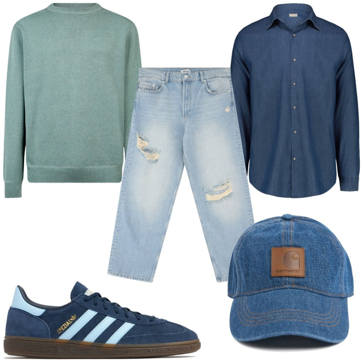 Outfit uomo - Look monocromatico : in blu!. Stile Trendy per Tutti i giorni. Abbinamento con jeans strappati, camicie, maglieria, sneakers, cappelli.
