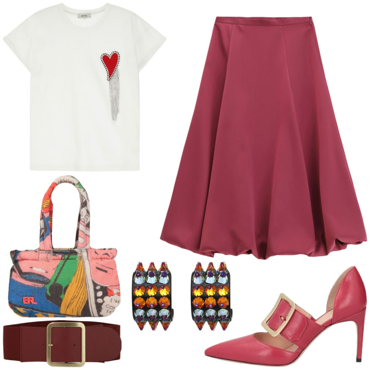Outfit donna - Accessori statement per la primavera. Stile Trendy per Tutti i giorni. Abbinamento con orecchini, borse a mano, décolleté, gonne longuette, t-shirt, cinture.