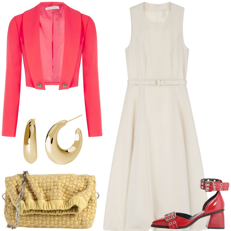 Outfit donna - Accessori statement per la primavera. Stile Casual chic per Cerimonia. Abbinamento con borse a tracolla, orecchini, bolero, vestiti midi/longuette, décolleté.