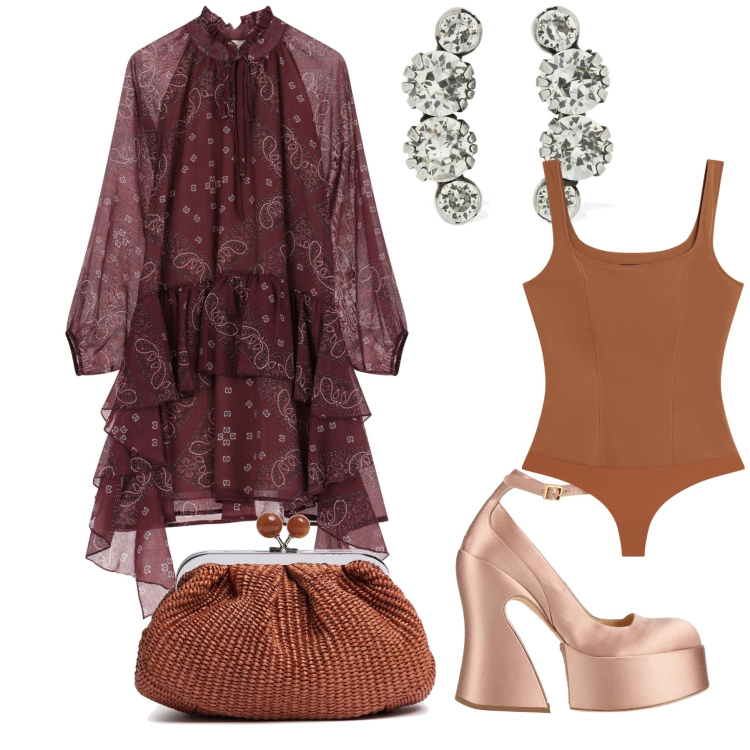 Outfit donna - L abito svolazzante con le zeppe. Stile Glamour per Serata fuori. Abbinamento con décolleté, body, vestiti corti, orecchini, pochette.