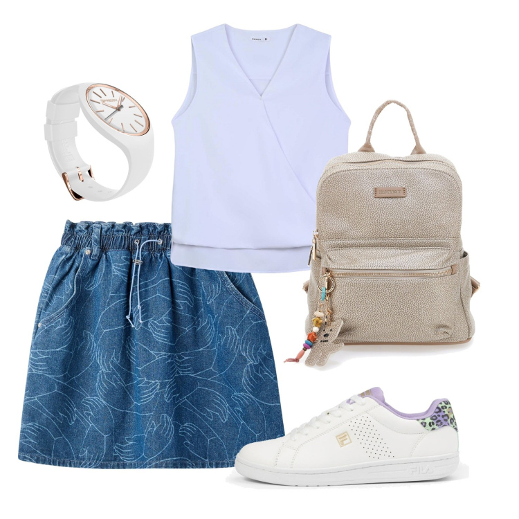 Outfit donna - Tempo libero curvy. Stile Basic per Tutti i giorni. Abbinamento con minigonne, bluse, orologi, sneakers, zaini.