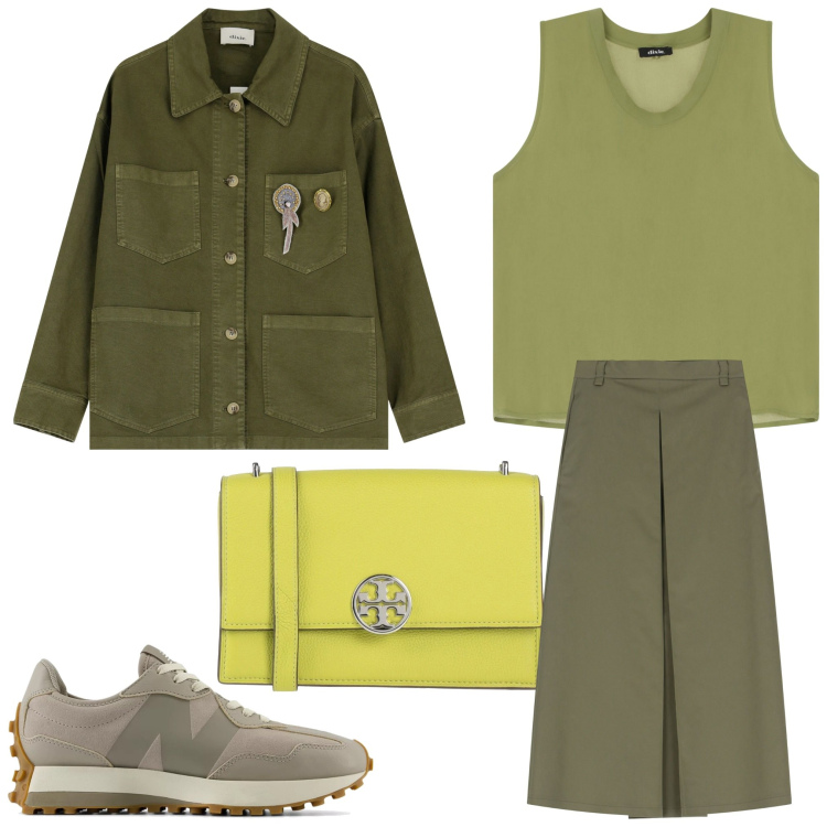 Outfit donna - Declinazione di verde. Stile Sporty chic per Tutti i giorni. Abbinamento con borse a tracolla, sneakers, gonne lunghe, top, blazer.