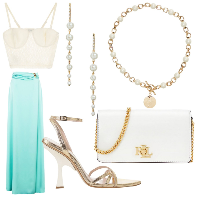 Outfit donna - Giornata di festa. Stile Chic per Cerimonia. Abbinamento con gonne, top, sandali col tacco, collane, borse a mano, orecchini.