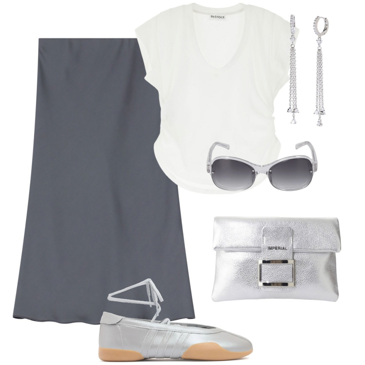 Outfit donna - Total look #2110155. Abbinamento con orecchini, pochette, gonne, t-shirt, sneakers, occhiali da sole.