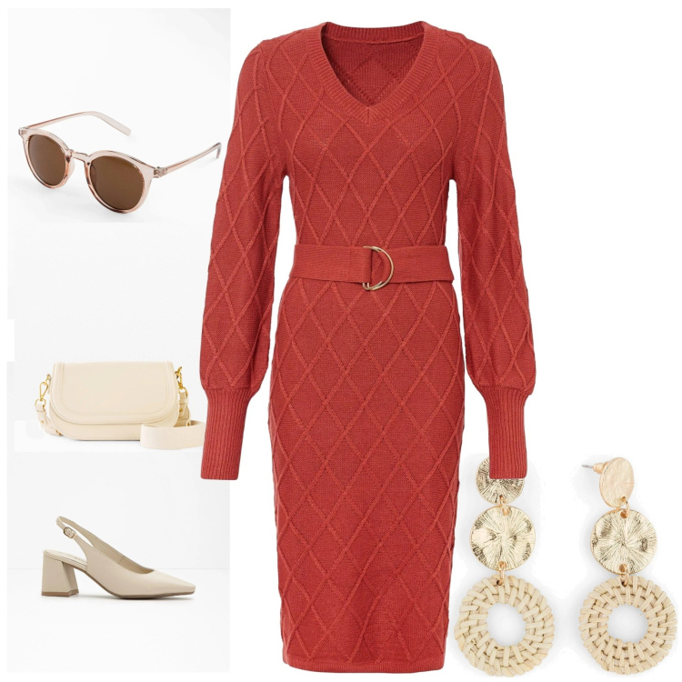 Outfit donna - Red chic. Stile Casual chic per Serata fuori. look ideale per Tall. Abbinamento con orecchini, occhiali da sole, décolleté, vestiti, borse a spalla.