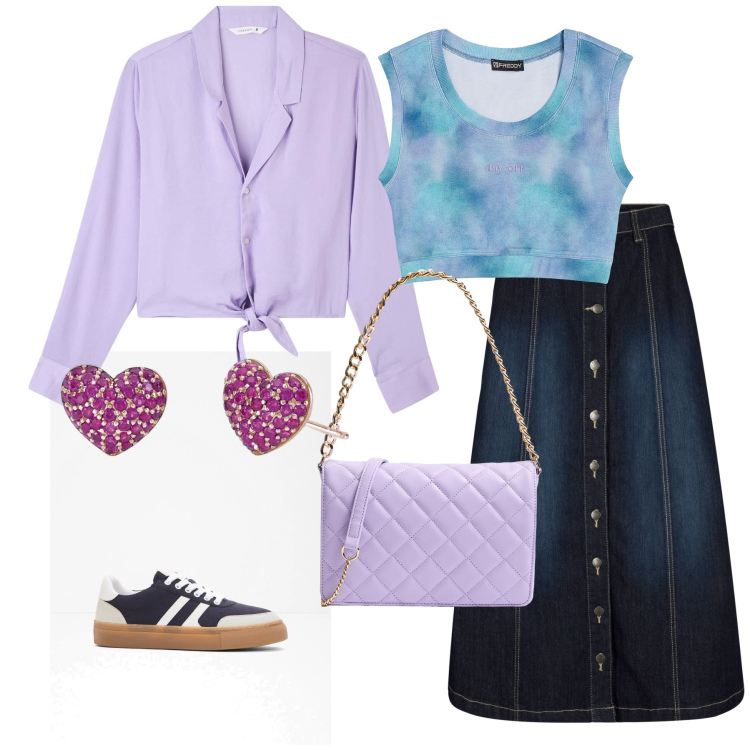Outfit donna - Cuoricini. Stile Casual chic per Tutti i giorni. Abbinamento con gonne longuette, sneakers, camicie, borse a tracolla, orecchini, top.