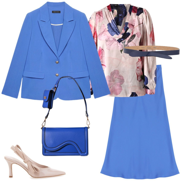 Outfit donna - Total look #2110183. Stile Chic per Ufficio. Abbinamento con bluse, pochette, gonne longuette, cinture, blazer, décolleté.
