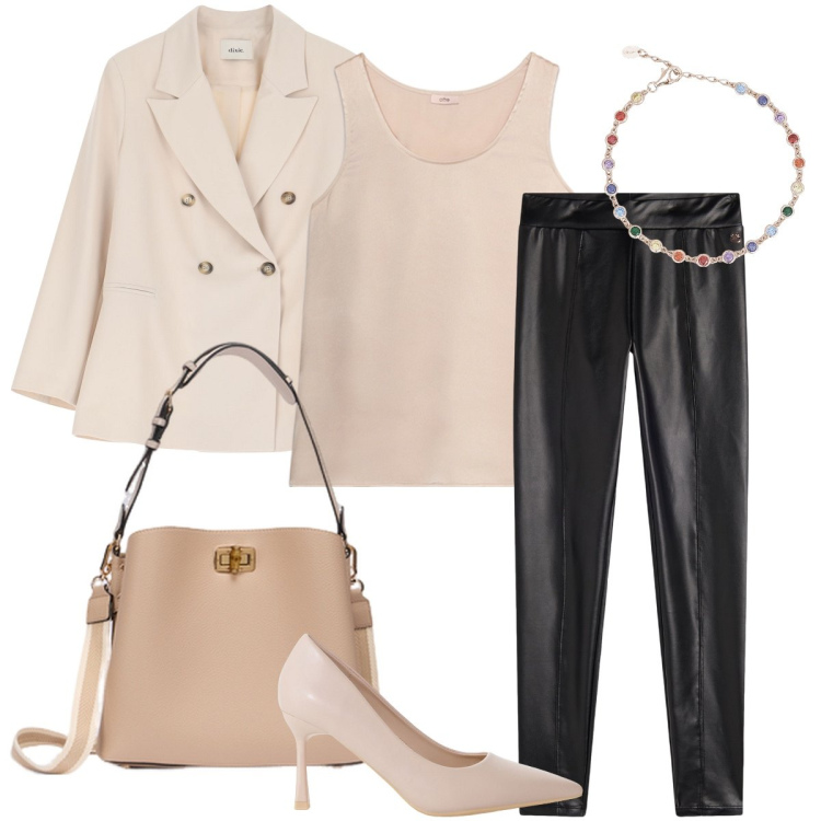 Outfit donna - Lo stile Athleisure. Stile Romantica per Serata fuori. Abbinamento con braccialetti, blazer, décolleté, treggings, borse a secchiello, top.