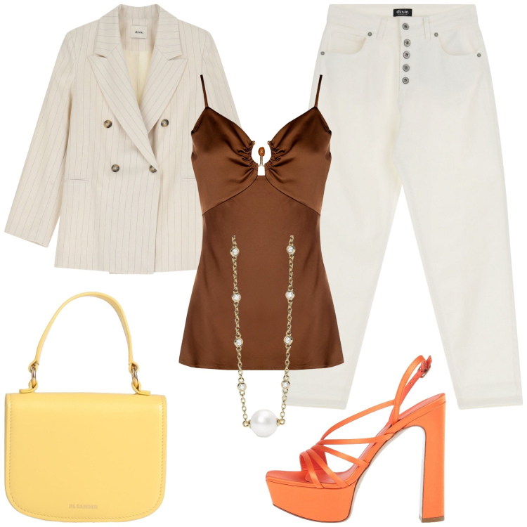 Outfit donna - Accessori statement per la primavera. Stile Casual chic per Cerimonia. Abbinamento con sandali in pelle, borse a mano, blazer, jeans, collane, top.