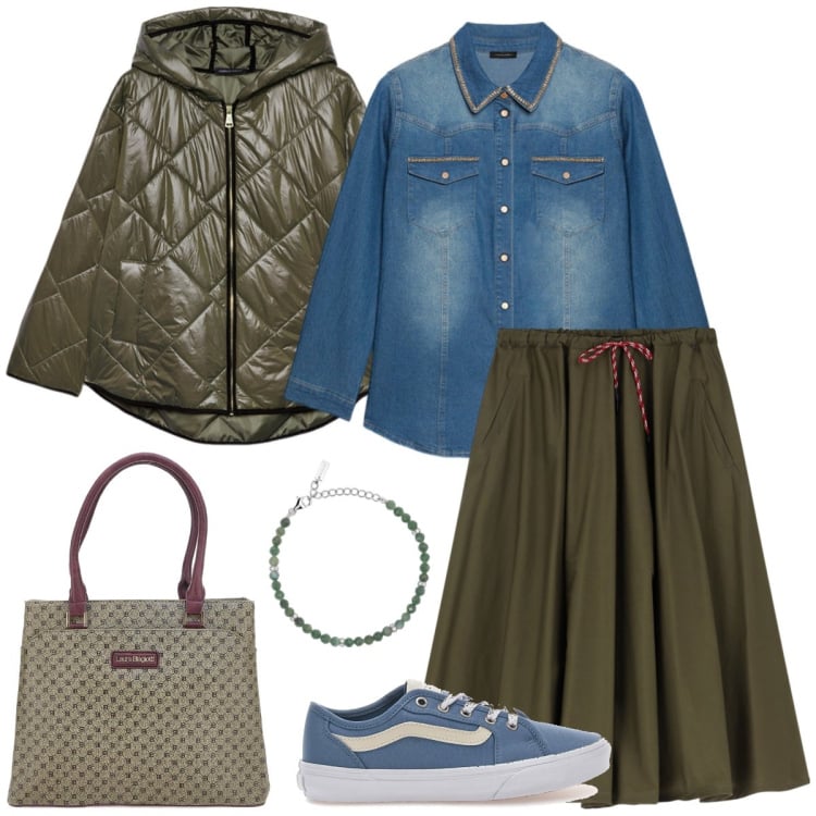 Outfit donna - Total look #2110191. Stile Sporty chic per Tutti i giorni. Abbinamento con braccialetti, gonne longuette, camicie, sneakers, piumini, borse a spalla.
