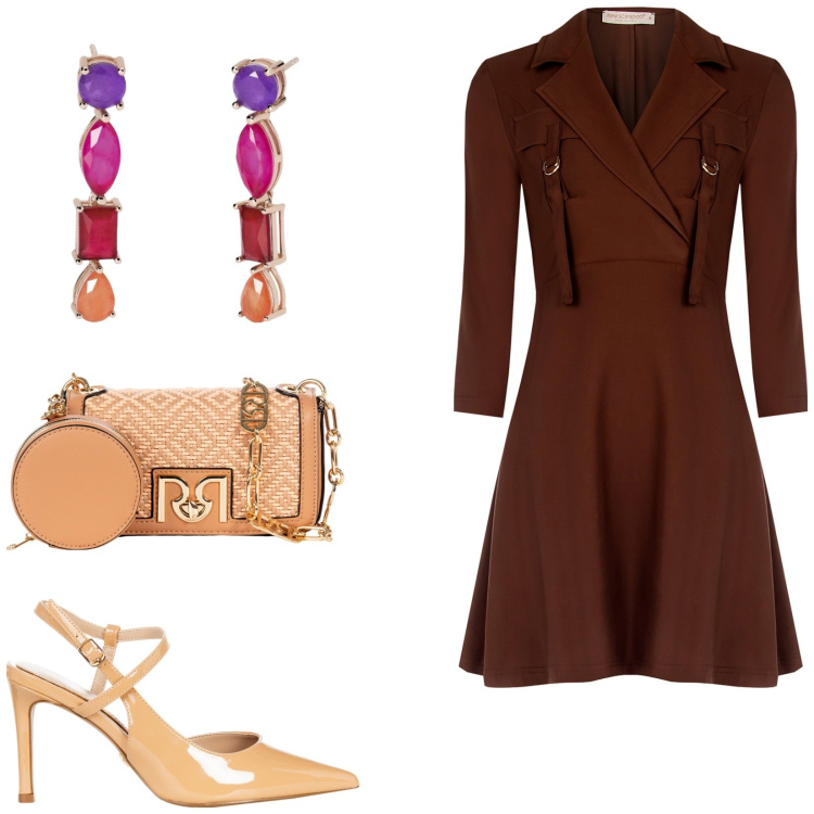 Outfit donna - Accessori statement per la primavera. Stile Glamour per Cerimonia. Abbinamento con vestiti midi/longuette, décolleté, borse a tracolla, orecchini.