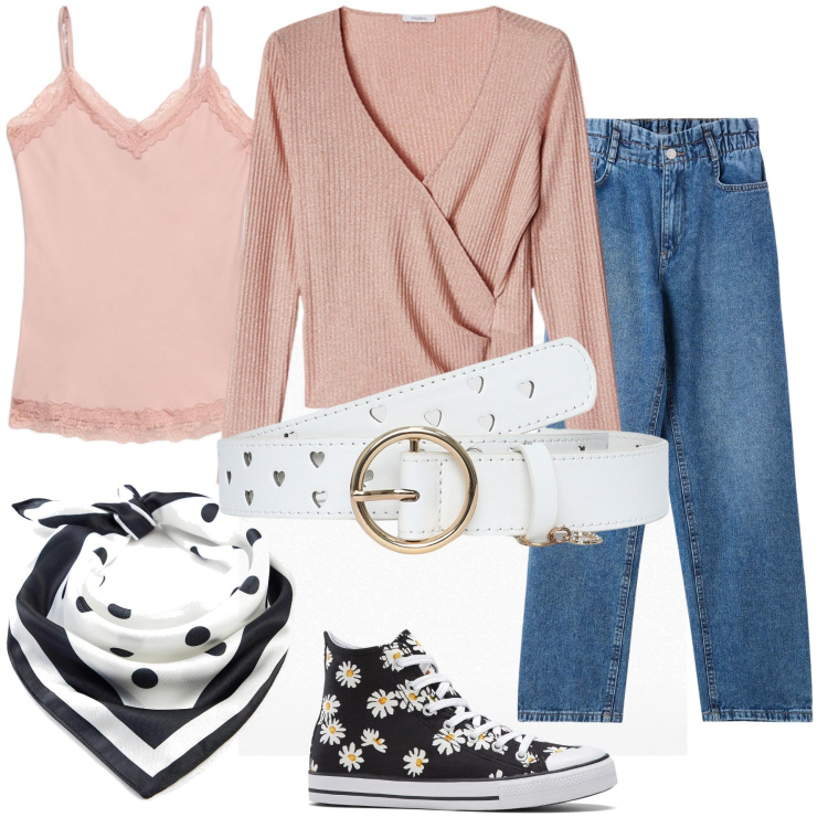 Outfit donna - Fiorita col sole. Stile Casual per Tutti i giorni. Abbinamento con foulard, sneakers alte, jeans, cinture, top, maglieria.