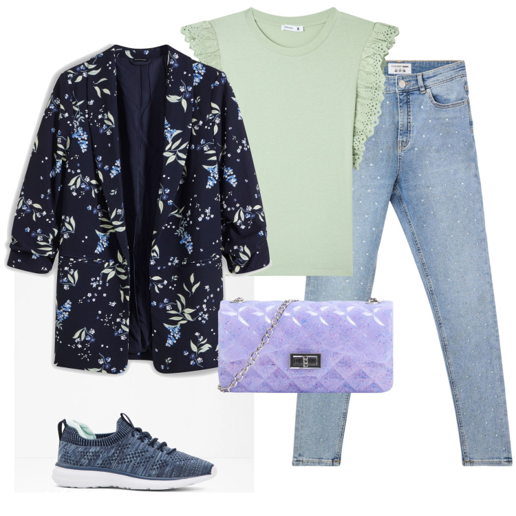 Outfit donna - Colori pastello. Stile Casual per Tutti i giorni. Abbinamento con sneakers, blazer, t-shirt, borse a tracolla, jeans skinny.