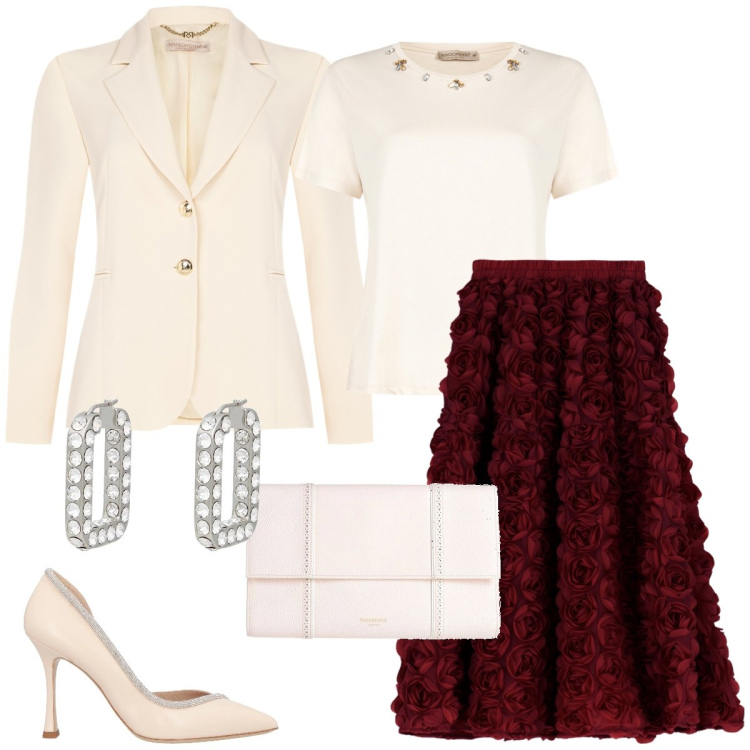 Outfit donna - Total look #2110210. Stile Chic per Cerimonia. Abbinamento con décolleté, orecchini, borse a mano, gonne, blazer, t-shirt.