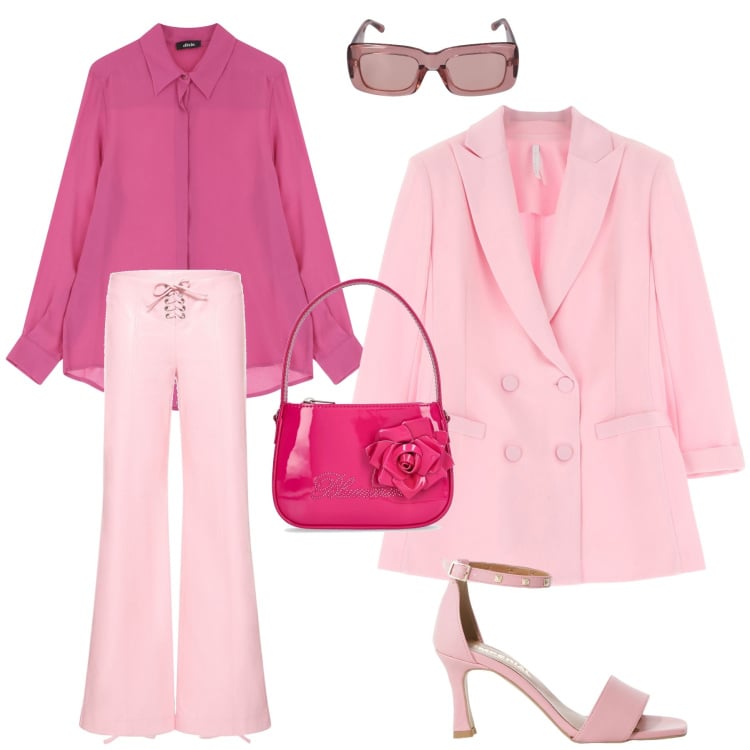 Outfit donna - É di scena il rosa. Stile Bon Ton per Serata fuori. Abbinamento con blazer, sandali col tacco, camicie, pantaloni, borse a mano, occhiali da sole.