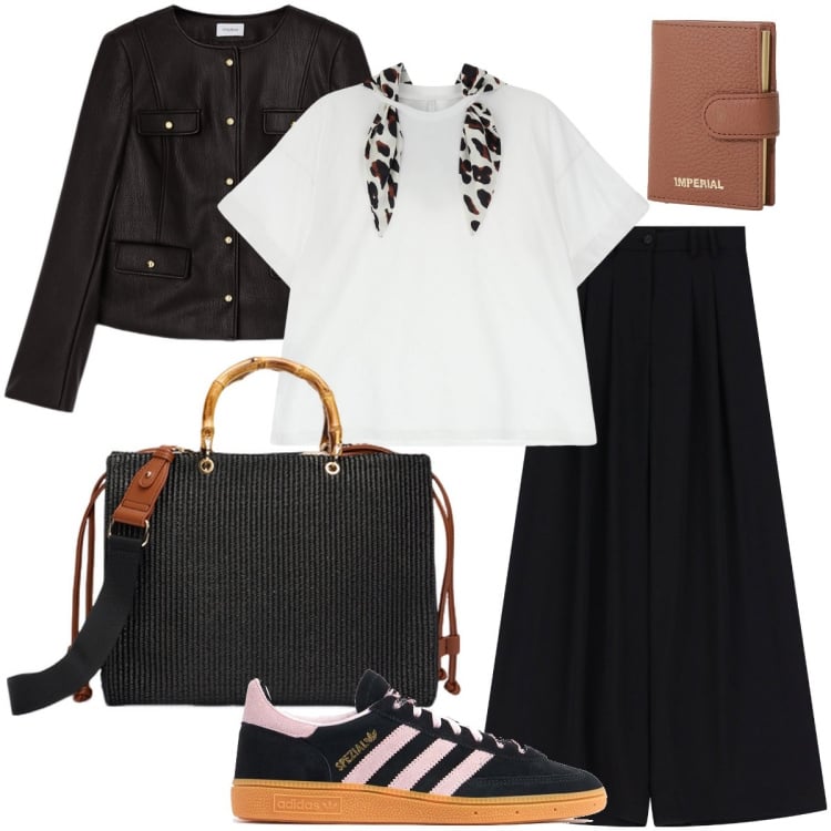 Outfit donna - Le sneakers scamosciate. Stile Trendy per Ufficio. Abbinamento con pantaloni, portafogli, t-shirt, sneakers, blazer, borse a mano.