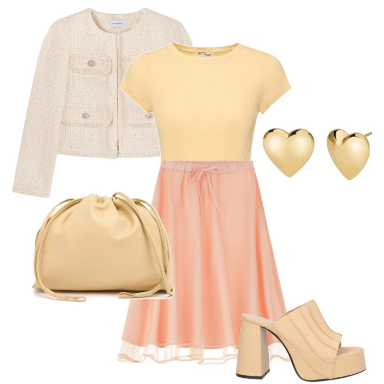 Outfit donna - Tonalità sorbetto. Stile Romantica per Tutti i giorni. Abbinamento con sandali in pelle, orecchini, gonne longuette, maglieria, blazer, borse a spalla.