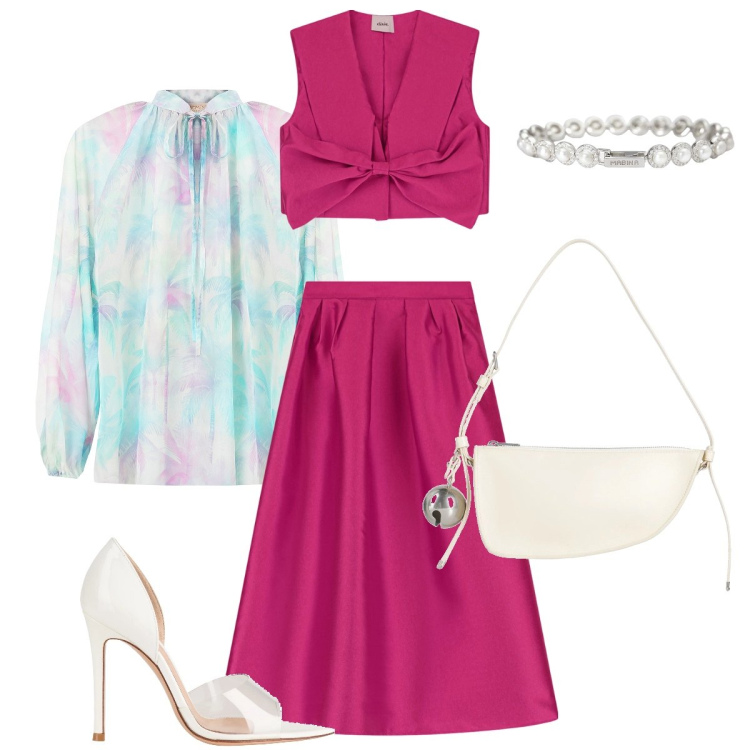 Outfit donna - Gonna a trapezio e blusa leggera. Stile Chic per Cerimonia. Abbinamento con décolleté, borse a mano, gonne, braccialetti, bluse.