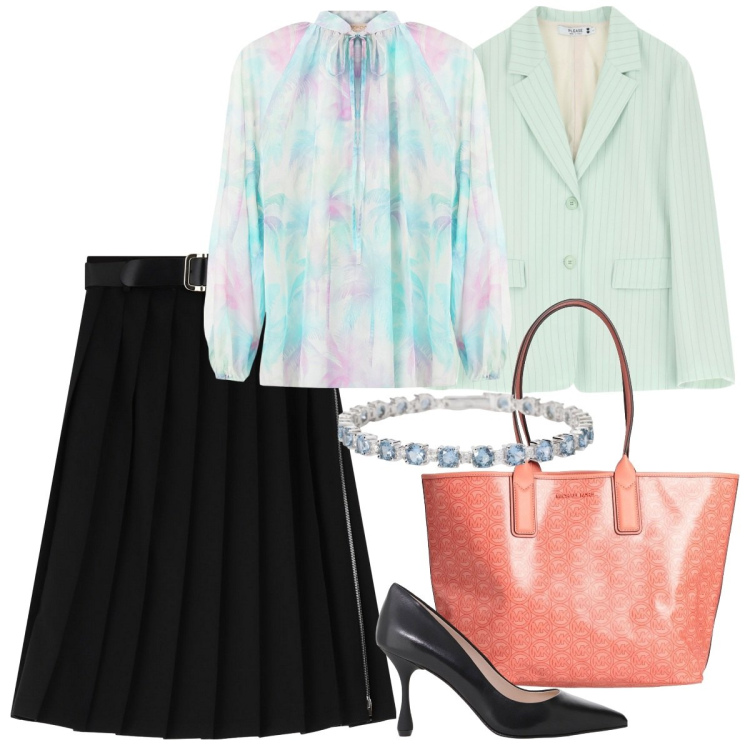 Outfit donna - Gonna a trapezio e blusa leggera. Stile Chic per Ufficio. Abbinamento con borse a mano, braccialetti, bluse, blazer, gonne longuette, décolleté.