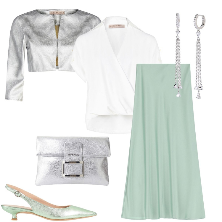 Outfit donna - Verde acqua. Stile Glamour per Cerimonia. Abbinamento con décolleté, orecchini, bolero, bluse, gonne lunghe, pochette.