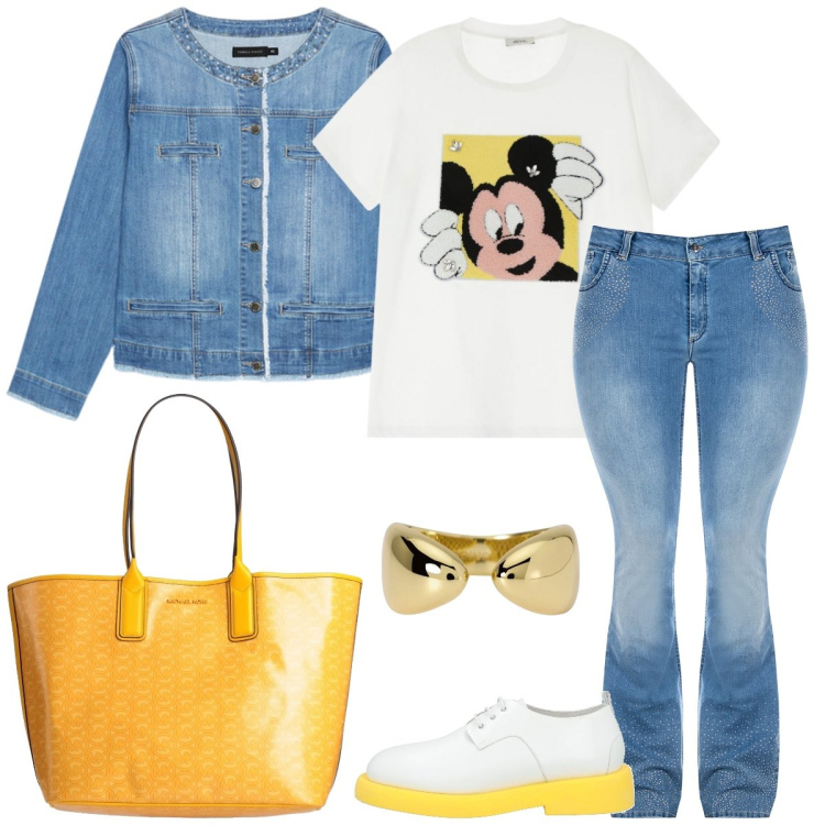 Outfit donna - Total look #2110242. Stile Casual per Scuola/Università. Abbinamento con scarpe stringate, borse a mano, t-shirt, anelli, jeans a zampa, blazer.