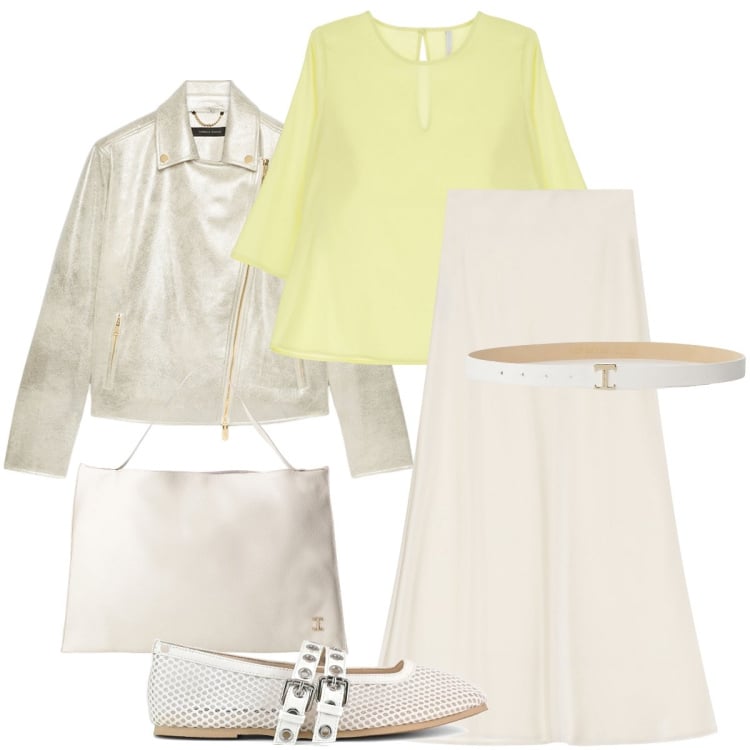 Outfit donna - Leggerezze primaverili. Stile Bon Ton per Ufficio. Abbinamento con bluse, gonne lunghe, cinture, borse a spalla, ballerine, blazer.