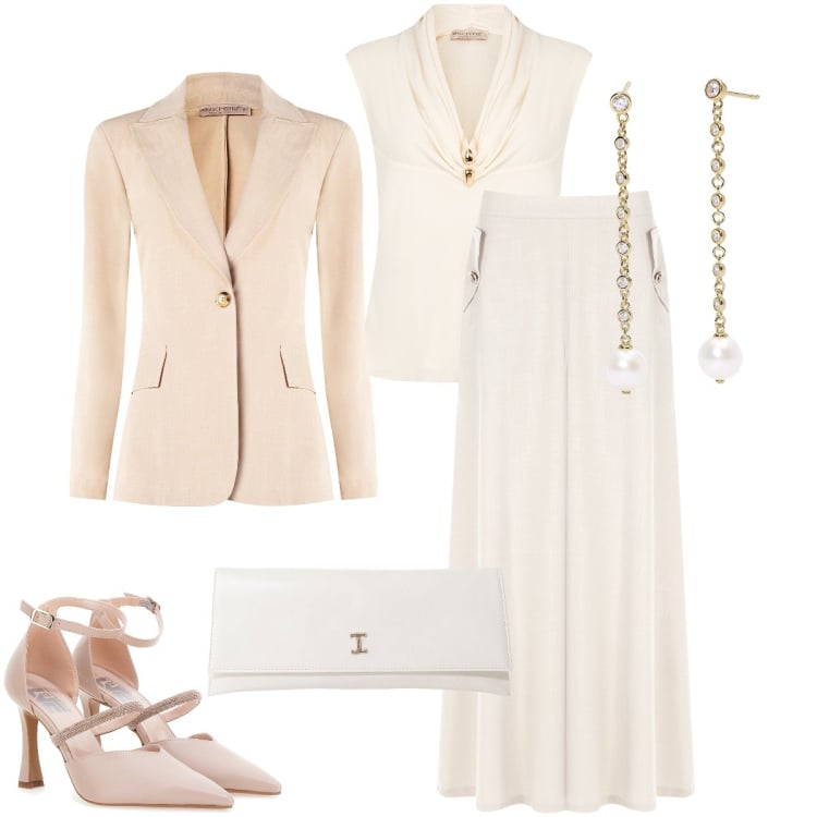 Outfit donna - Leggera alla cerimonia. Stile Chic per Cerimonia. Abbinamento con orecchini, gonne, blazer, bluse, pochette, décolleté.