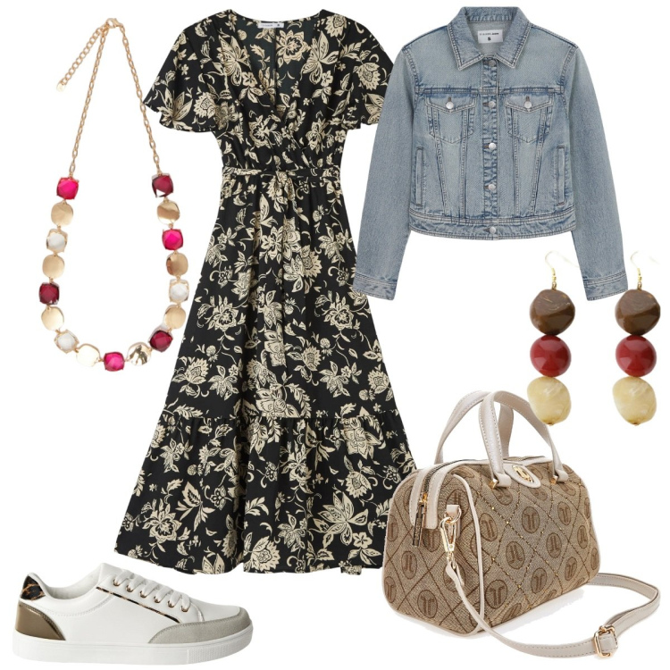 Outfit donna - Accessori statement per la primavera. Stile Romantica per Tutti i giorni. Abbinamento con vestiti lunghi, sneakers, blazer, orecchini, collane, borse a mano.